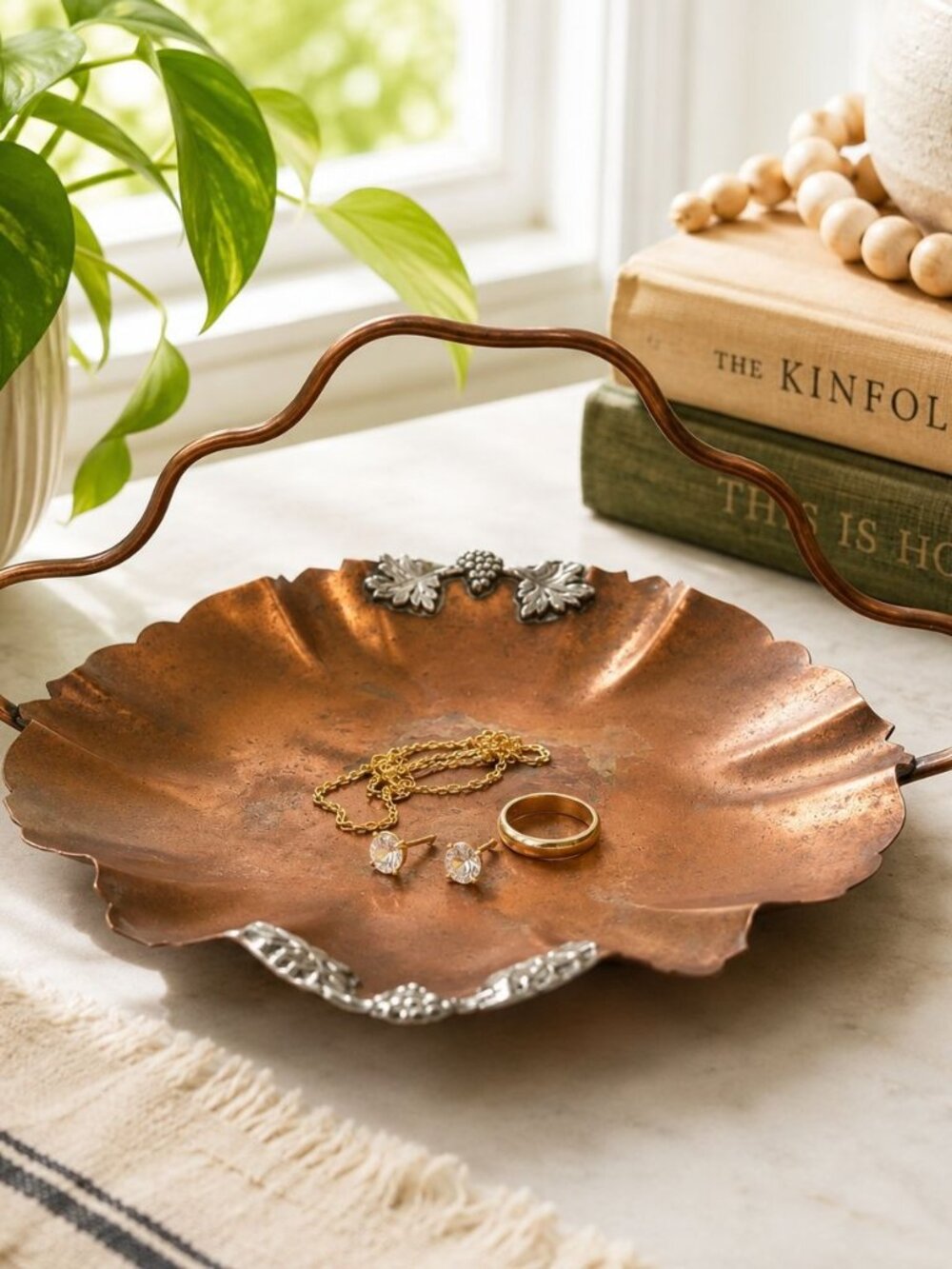 Vintage Copper Decorative Tray With Handle & Silver Leaf Accents Scalloped Edges